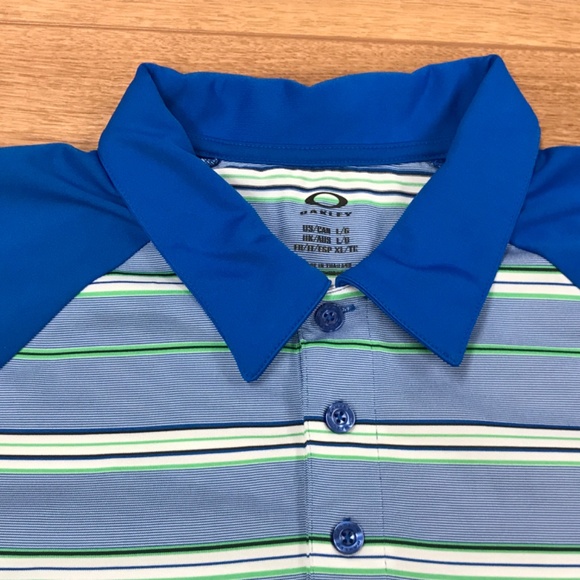 Oakley Large Regular Fit Blue White Stripe Short Sleeve Performance Golf Polo - Picture 4 of 8